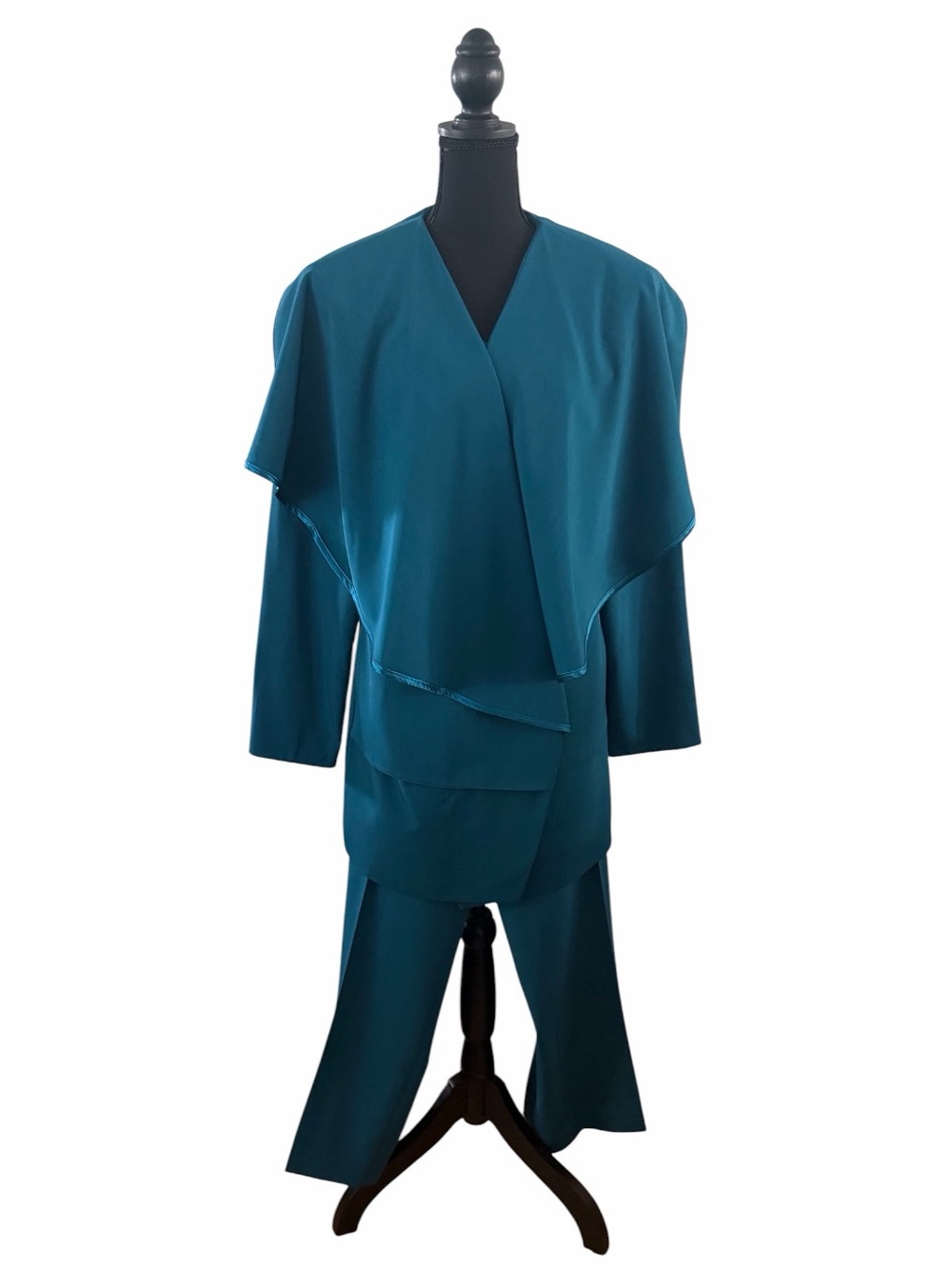 Ben Marc 3pc Teal Blue Pant Suit w/Draped Collar and Satin Trim, Size 16